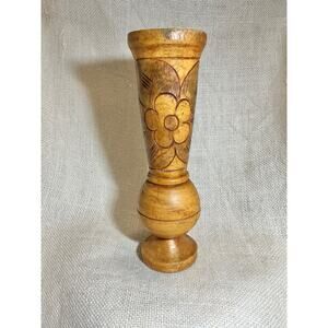 Hand carved wood vase floral leaf design 9.25 inches tall dried flowers